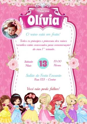 Convite Aniversário Princesas com Foto para Editar Online