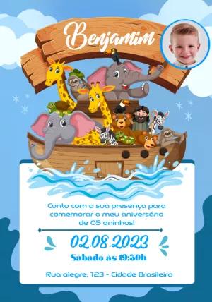 Convite Aniversário Arca de Noé com Foto para Editar Online