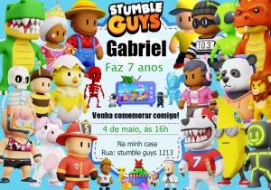 Convite Aniversário Stumble Guys com Personagens para Editar Online