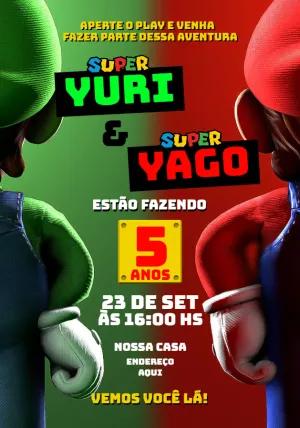 Convite Aniversário Irmãos Super Mario para Editar Online