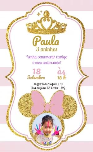 Convite Aniversário Minnie Princesa com Foto para Editar Online