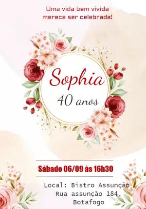 Convite Aniversário Adulto Floral Rosas Editável Online