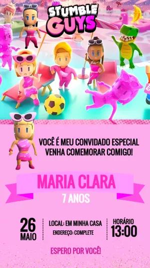 Convite de Aniversário Stumble Guys Rosa para Editar Online
