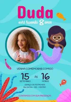 Convite Aniversário Sereia Negra com Foto para Editar Online
