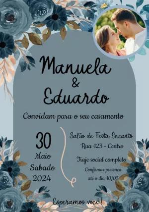 Convite de Casamento Floral Azul com Foto para Editar Online