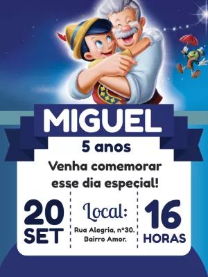 Convite de Aniversário Pinóquio com Personagens para Editar Online