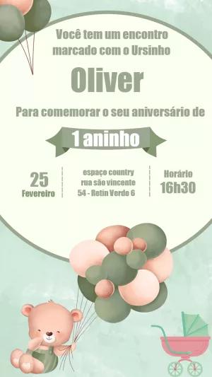 Convite de Aniversário Ursinho Verde para Editar Online