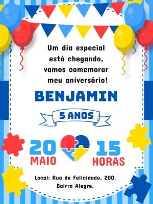 Convite de Aniversário Autismo com Quebra-cabeça para Editar