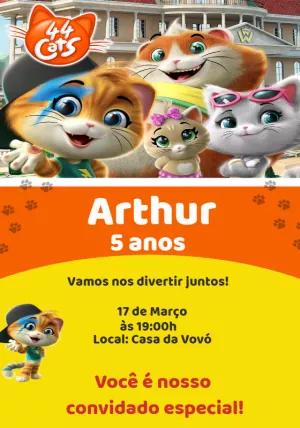 Convite de Aniversário 44 Gatos para Editar Online