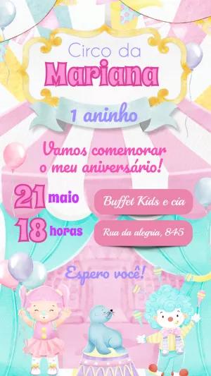 Convite Aniversário Circo Rosa Aquarela para Editar Online