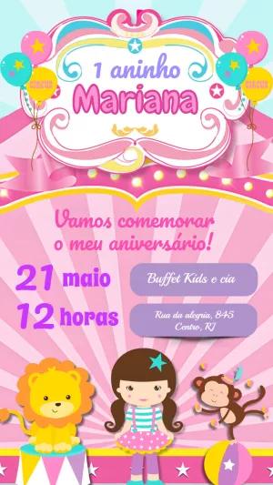 Convite Aniversário Circo Rosa com Menina para Editar Online