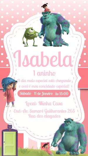 Convite de Aniversário Monstros S.A. Rosa para Editar Online