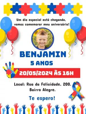 Convite Aniversário Autismo com Foto para Editar Online
