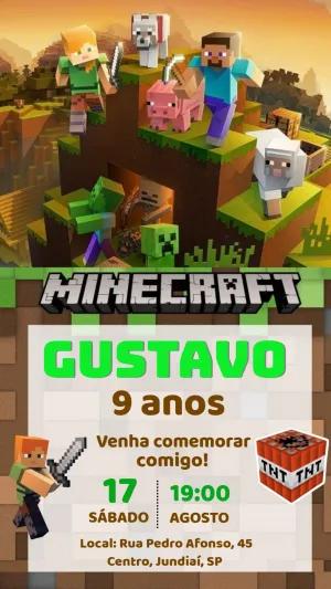 Convite de Aniversário Minecraft com Personagens para Editar
