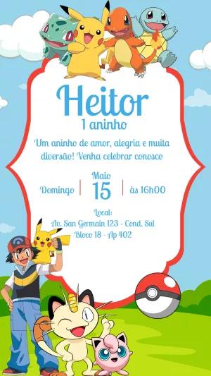 Convite de Aniversário Pokémon com a Turma para Editar Online