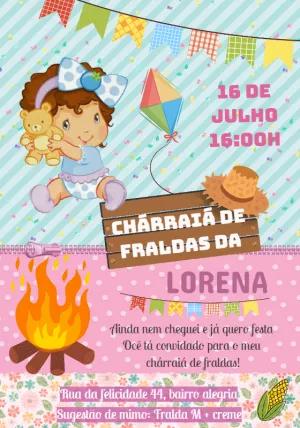 Convite Chárraiá de Fraldas Menina e Ursinho para Editar Online