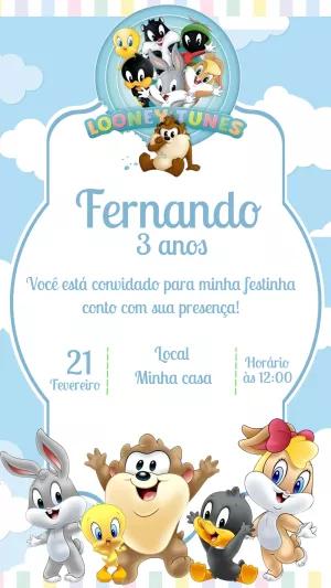 Convite Aniversário Looney Tunes Baby para Editar Online