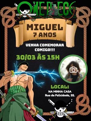 Convite Aniversário Zoro One Piece com Foto para Editar Online