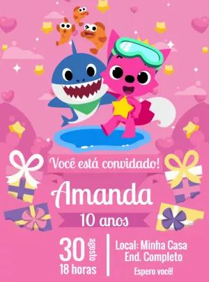 Convite Aniversário Baby Shark Rosa para Editar Online