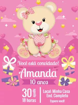 Convite de Aniversário Ursinha Rosa para Editar Online