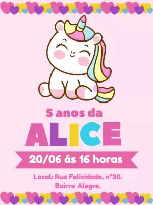Convite de Aniversário Unicórnio Fofo para Editar Online