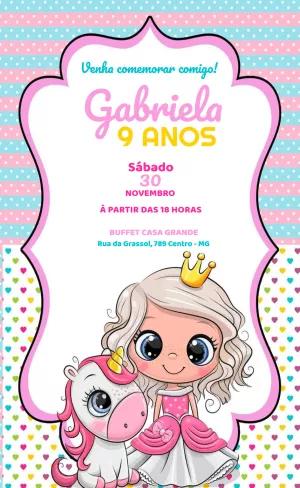 Convite Aniversário Princesa e Unicórnio para Editar Online