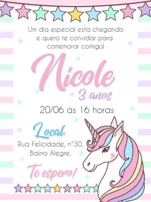 Convite de Aniversário Unicórnio Fofo para Editar Online