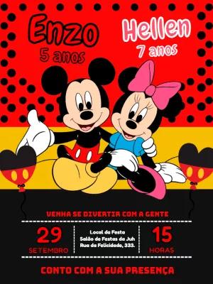 Convite Aniversário Duplo Mickey e Minnie para Editar