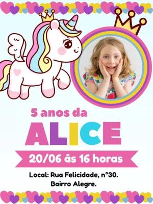 Convite de Aniversário Unicórnio com Foto para Editar Online