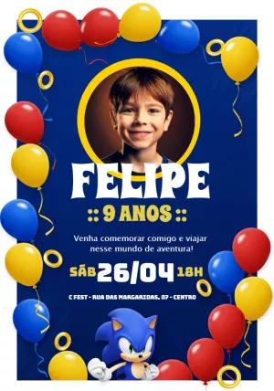 Convite de Aniversário Sonic com Foto para Editar Online