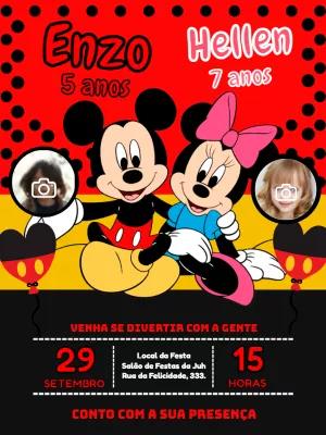 Convite Aniversário Duplo Mickey e Minnie com Foto para Editar