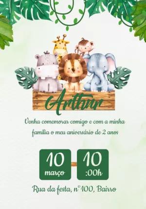 Convite Aniversário Safari com Animais Fofos para Editar Online