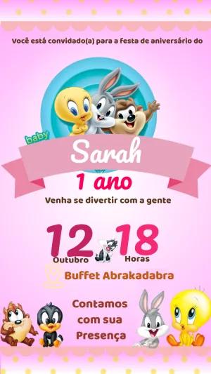 Convite de Aniversário Baby Looney Tunes para Editar Online