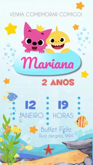 Convite Aniversário Baby Shark com Personagens para Editar Online