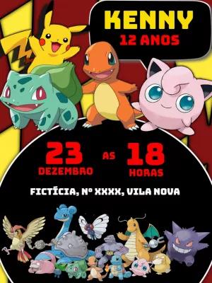 Convite de Aniversário Pokémon com Personagens para Editar