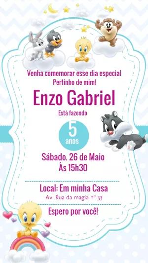 Convite Aniversário Looney Tunes Baby para Editar Online