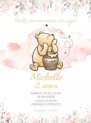 Convite Aniversário Ursinho Pooh Aquarela para Editar Online