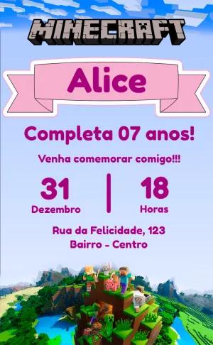 Convite Aniversário Minecraft Menina para Editar Online