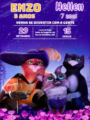 Convite Aniversário Duplo Gato de Botas para Editar Online