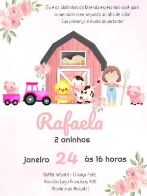 Convite Aniversário Fazendinha Rosa para Editar Online