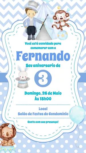 Convite Aniversário Circo Menino com Mágico para Editar Online