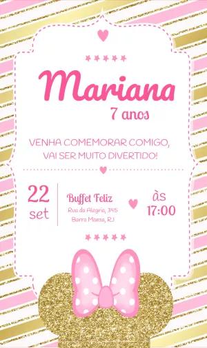 Convite Aniversário Minnie Rosa e Dourado para Editar Online