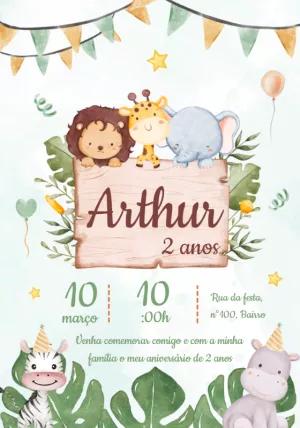 Convite Aniversário Safari com Animais Fofos para Editar Online