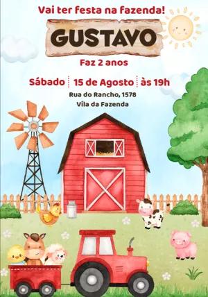 Convite Aniversário Fazendinha Aquarela para Editar Online