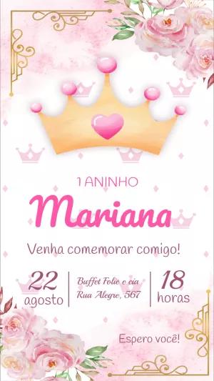 Convite de Aniversário Realeza Rosa com Coroa para Editar