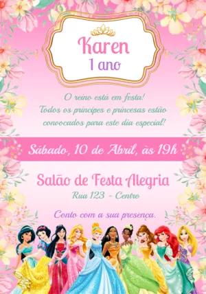 Convite de Aniversário Princesas Disney Editável Online