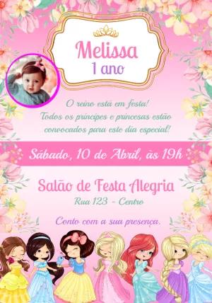 Convite Aniversário Princesas com Foto para Editar Online