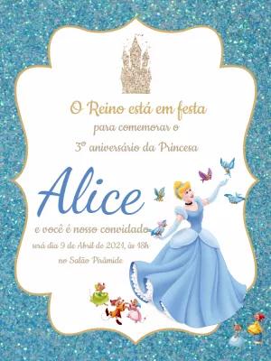Convite de Aniversário Cinderela para Editar e Imprimir