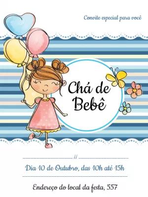 Convite Chá de Bebê Menina com Balões para Editar Online
