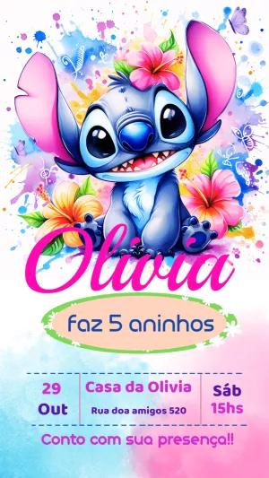 Convite Aniversário Stitch Aquarela para Editar Online